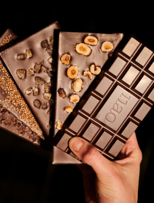 Tablettes de chocolat artisanal variées tenues en main