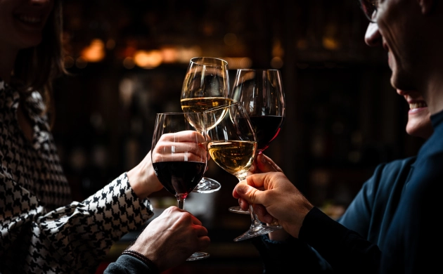 Un groupe de convives trinque autour de verres de vin dans une ambiance chaleureuse et intimiste.