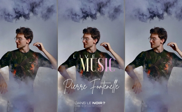 Bannière promotionnelle pour un concert de Pierre Fontenelle au restaurant Dans le Noir ?, ambiance artistique avec effets de fumée
