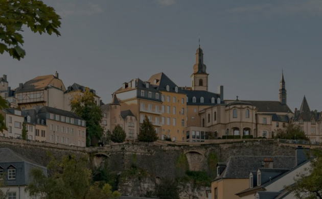 Vue panoramique sur le centre historique de Luxembourg avec ses maisons colorées, un pont en pierre au-dessus d'une rivière calme et des arbres verts sous un ciel partiellement nuageux.