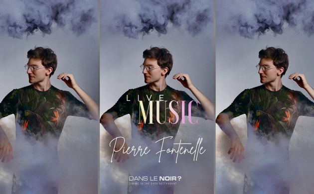 Bannière promotionnelle pour un concert de Pierre Fontenelle au restaurant Dans le Noir ?, ambiance artistique avec effets de fumée